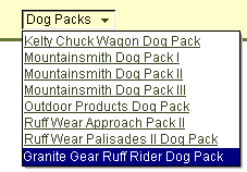 Pulldown menu listing pages for dog packs