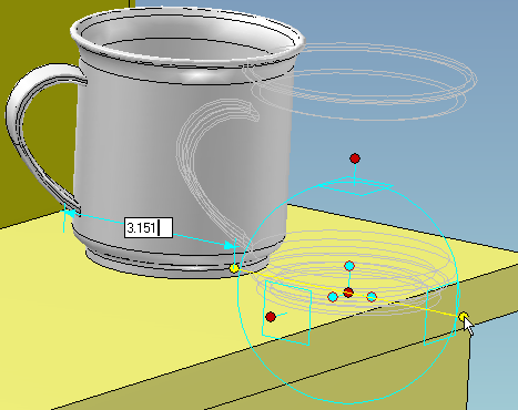 Solid model of mug being moved with IronCAD's Triball, but with floating text box to edit distance