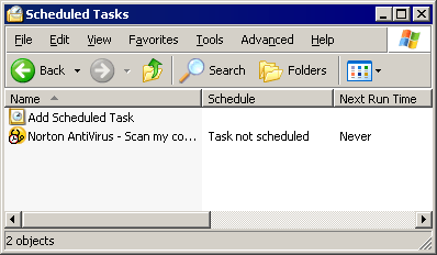 Windows Scheduled Tasks window, with icon to “Add Scheduled Task.”
