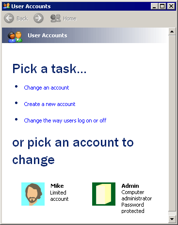 Windows Users Account window with links for various commands.