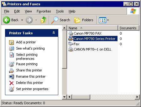 Windows Printers and Faxes window, with a menu of commands down the left side.