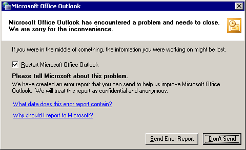 Office Outlook dialog to forward crash info.