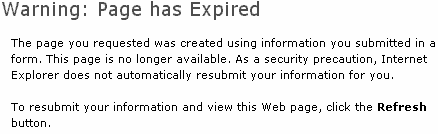 'As a security precaution, Internet Explorer does not automatically resubmit your information.' Click for full size.