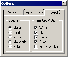 Dialog with tabs for Services, Application, and Duck. Duck tab includes Permitted Actions frame around some checkboxes