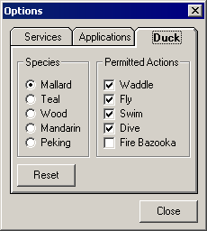 Dialog with Reset button in a panel and Close button in the margin