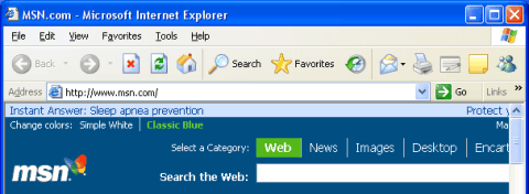 Internet Explorer's menu bar and toolbar