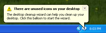 XP Notification offering to remove unused icons